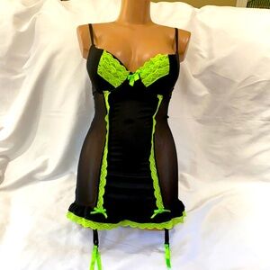 Body Rage Lace & Mesh Black Green Sexy Chemise Size S
